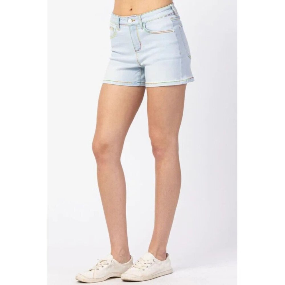 Judy Blue Jean Shorts Womens Size M or L Mid Rise Light Wash Rainbow Stitching - Picture 12 of 13